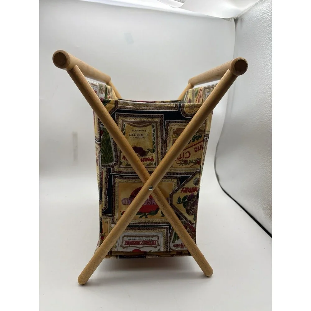 Vintage Wooden Folding Sewing Basket Yarn Holder Knitting Crochet Storage